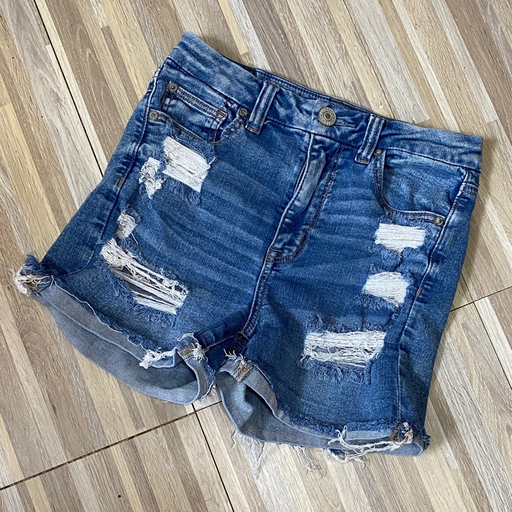 AMERICAN EAGLE Curvy High Rise Shortie distressed jean shorts size women’s 4 - Picture 2 of 10